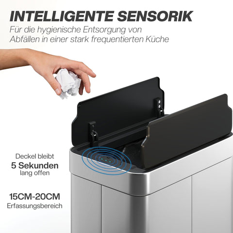 Rootz Sensor Bin 55L - Automatic Trash Can - Touchless Garbage Bin - Hygienic Waste Disposal - 41x26.5x59 cm - Stainless Steel Silver Black