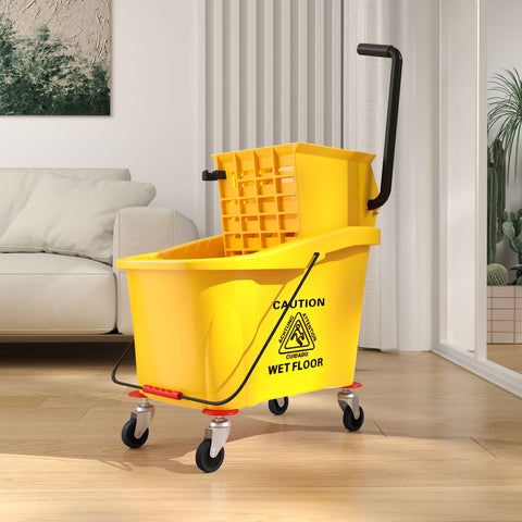 Rootz 36L Wheeled Cleaning Bucket - Mop Trolley - Mop Caddy - Quick Wring Efficiency - 55cm x 37cm x 65cm