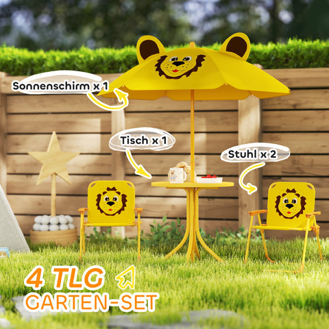 Rootz Children's Garden Furniture Set - Kids Chairs & Table - Lion Design - Adjustable Parasol - Easy Storage - Chair 36.5x38.5x50cm, Table Ø49.5x50h cm