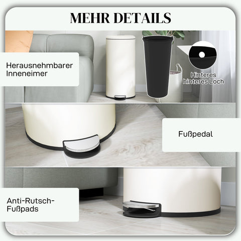 Rootz Trash Can 30L - Pedal Bin - Stain Resistant Bin - Hands-Free Use - 36cm x 30cm x 63.5cm - White