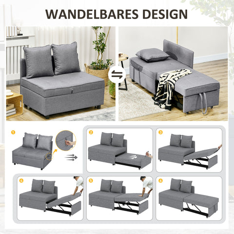 Rootz Sleeping Armchair - 2-Seater - Foldable Sofa - Linen Look - 5 Position Adjustable - Grey - 98cm x 71cm x 82cm