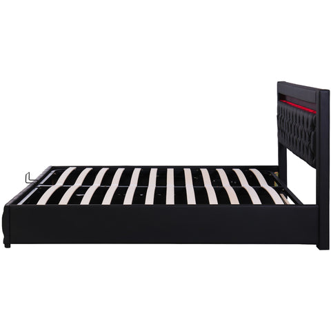 Rootz Upholstered Bed Frame - Storage Bed - LED Bed - Ample Storage Space - 207cm x 142cm x 100cm - Black