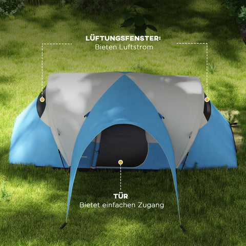 Rootz Family Camping Tent - Waterproof Shelter - Outdoor Awning - Protects from Rain - 550L x 300B x 198H cm - Blue, Grey