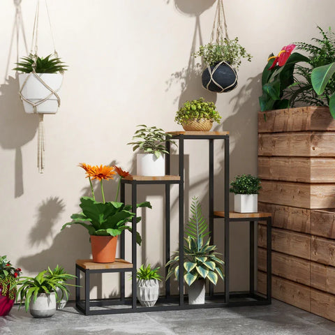 Rootz Bloemenplank - Plantenplank - 4 Niveaus Planttrappen - Bloemenrek - Binnen &amp; Buiten - Metalen Frame - Zwart + Lichtbruin - 80 x 20 x 74 cm