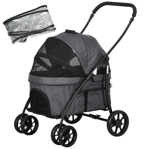 Rootz Dog Buggy - 2 Safety Leashes - Dog Cart - Foldable - Removable Basket - Rain Cover - Oxford Cloth - Steel - Dark Gray - 81L x 68W x 98.5H cm
