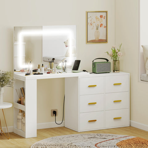 Rootz Dressing Table - Vanity Desk - Makeup Station - LED Mirror, Sockets, Storage - Organized Morning Routine - 118x78x135cm, White