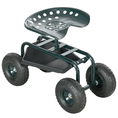 Rootz Garden Trolley - Swivel Seat - Height Adjustable - Garden Cart - Air-filled Tires - Strong - Steel-plastic-rubber - Dark Green - 83L x 36.5W x 45-60H cm