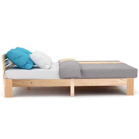 Rootz Double Bed with Headboard - Pine Wood Bed Frame - Natural Wood Bed - 144cm x 210cm x 67.5cm