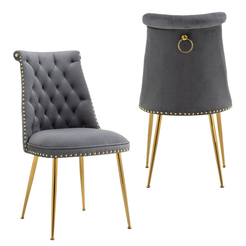 Rootz Set of Two Velvet Dining Chairs - Padded Backrest - Ergonomic Seating - Gold Metal Legs - 43.9cm x 62cm x 87.5cm