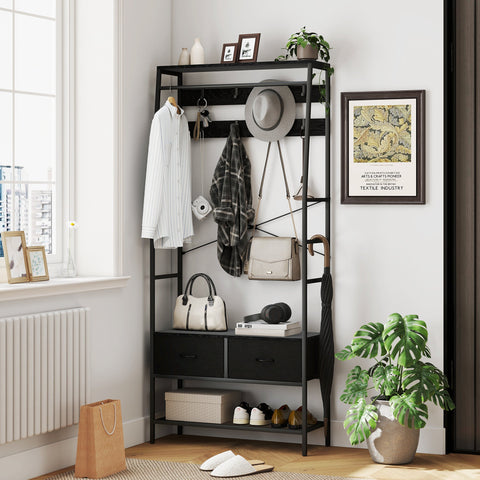 Rootz Cloakroom Stand with Shoe Shelf - Clothes Organizer - Industrial Design Rack - Easy-Access Storage - 80cm x 30cm x 180.5cm - Black
