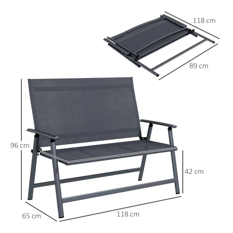 Rootz Tuinstoel - Opvouwbare tuinbank - 2-zits - Campingstoelen - Opvouwbaar ontwerp - Aluminium - Mesh Stof - Grijs - 118L x 65W x 96H cm