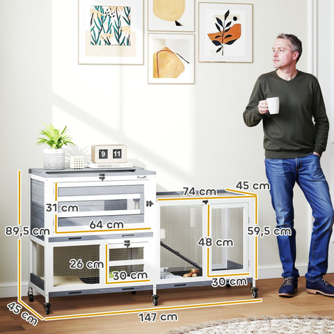 Rootz Rabbit Stable - Hutch - Bunny Enclosure - Easy Mobility - 147 x 45 x 89.5cm - Solid Wood, 2 Floors, Rollers, for 2-3 Rabbits