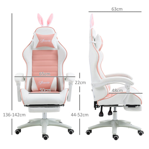 Rootz Pink Gaming Chair - Ergonomic Gamer Chair - Reclining Chair - Lumbar Support & Footrest - 65cm x 63cm x 136-142cm