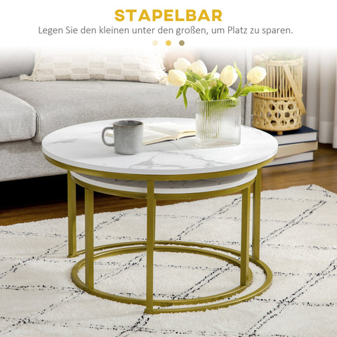 Rootz Marble Look Side Table Set - Coffee Tables - Nesting Tables - Space-Saving, Easy to Clean - Ø74 & Ø59 cm - White & Gold Finish