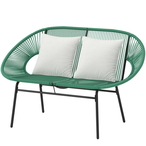 Rootz Garden Bench 2-Seater - Outdoor Sofa - Patio Lounge Seat - Chic Design - 132L x 72B x 83H cm - Steel & Rattan Rope Mesh with Pillows