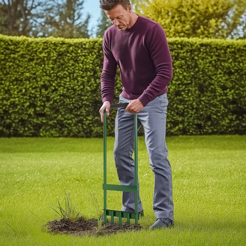 Rootz Manual Lawn Aerifier - Lawn Scarifier - Garden Aeration Tool - Promotes Lawn Health - 30cm Wide - Green