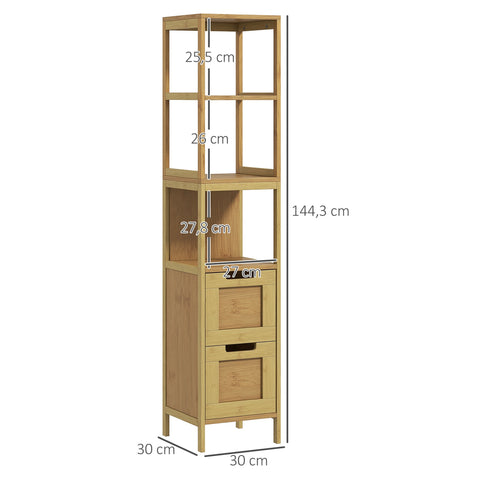 Rootz Bathroom Column Storage - Cozy Style - Organizer - 3 Shelves & 2 Drawers - Bamboo Elegance - 30b x 30t x 144h cm