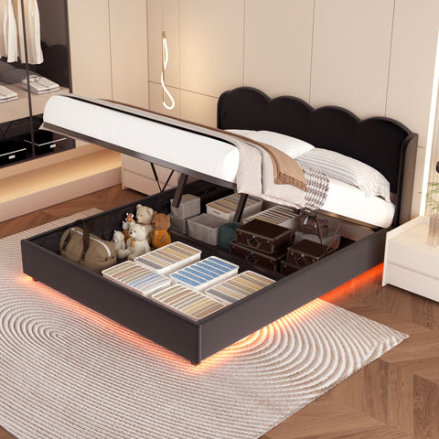 Rootz Double Bed Frame - Padded Bed - Velvet Bed - Hydraulic Storage - USB Charging - 205cm x 168cm x 96cm