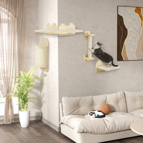 Rootz 4 Piece Cat Climbing Wall Set - Scratching Post - Platform - Wall-Mounted Design - Space-Saving - 60cm x 60cm x 20cm