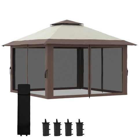 Rootz Folding Gazebo - Height Adjustable - 4 Mesh Walls - Ventilation Roof - Carry Bag - Quick Assembly - Beige - 4 x 4 x 3 m