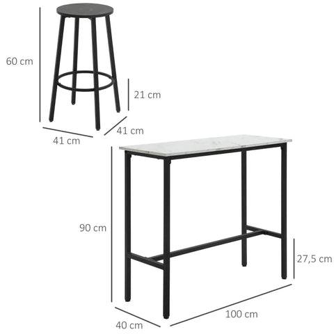Rootz Bar Set For 2 People - 1 Table With 2 Bar Stools - Table Top In White Marble Look - Steel Frame - White + Black - 100cm x 40cm x 90H cm