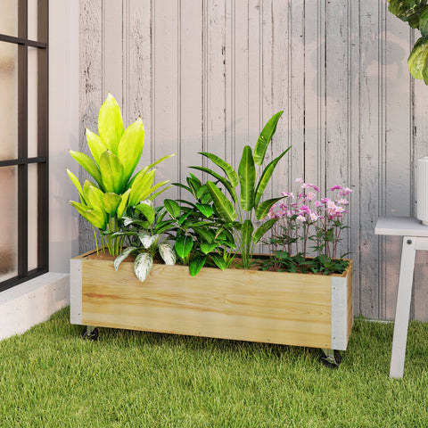 Rootz Rectangular Planter on Rolls - Plant Container - Rolling Planter - Optimal Drainage - 96 x 30.6 x 30 cm Natural Wood