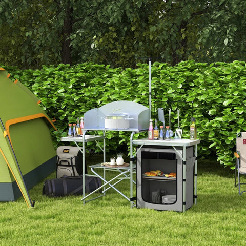 Rootz Camping Kitchen - Outdoor Kitchen - Uv Protection - Table Top - 3-sided - Carry Bag - Aluminum - 600d Oxford Fabric - Silver -  144L x 48W x 119H cm