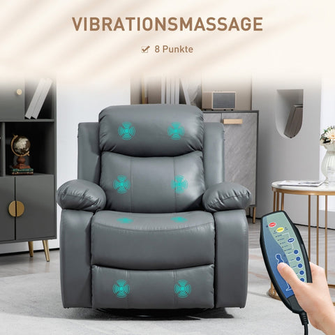 Rootz Massage Chair - Rocking Recliner - Rotatable Chair - 360 Degree Rotation - 8 Vibration Points - Wired Remote - 87cm x 97cm x 104cm - Faux Leather - Gray
