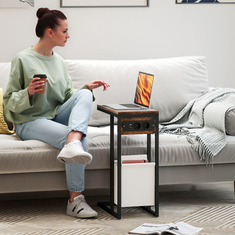 Rootz Side Table with Sockets - USB Connections - Industrial Bedside Stand - C-Shaped Design - 46cm x 25cm x 62.5cm