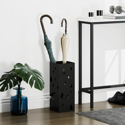 Rootz Umbrella Stand - Hallway Organizer - Rain Accessory - Galvanized Steel - Rust-Resistant - 4 Hooks - Black - 15.5 x 15.5 x 40 cm