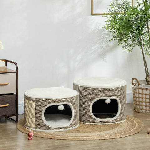 Rootz 3 Tier Cat Barrel with Cushion - Cat House - Cat Tower - Enhance Comfort - Ø51cm x 69cm, Brown- White