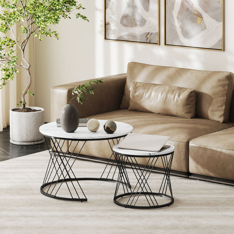 Rootz 2 Piece Set Couch Tables - Round Coffee Table - Marble Look Living Room Tables - Space Saving - Ø70 x 46.5cm & Ø44 x 39cm