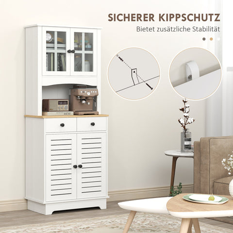 Rootz Kitchen Cabinet with Glass Doors - Dish Storage - Dining Room Cabinet - Ample Storage - 68 x 39.5 x 170 cm, White-Brown