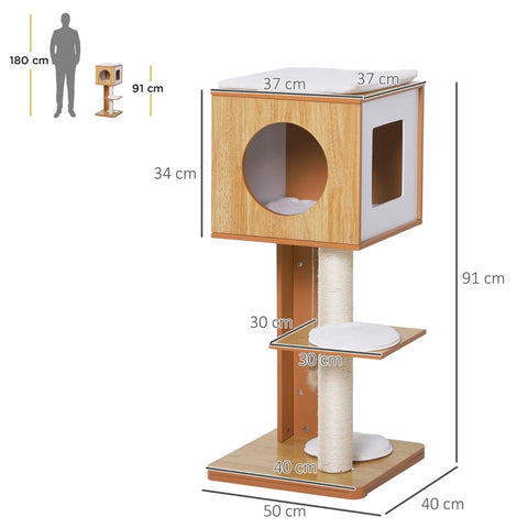 Rootz Scratching Post Cat Tree - Cat Furniture - Sisal Posts - Multiple Platforms - Soft Cushions - 50cm x 40cm x 91cm - MDF Board