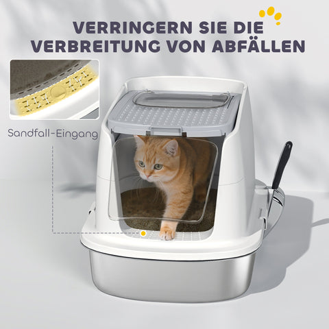 Rootz Stainless Steel Cat Toilet - Enclosed Litter Box - Odor-Free Pet House - Quick Cleaning - 52.4cm x 41.3cm x 39.8cm
