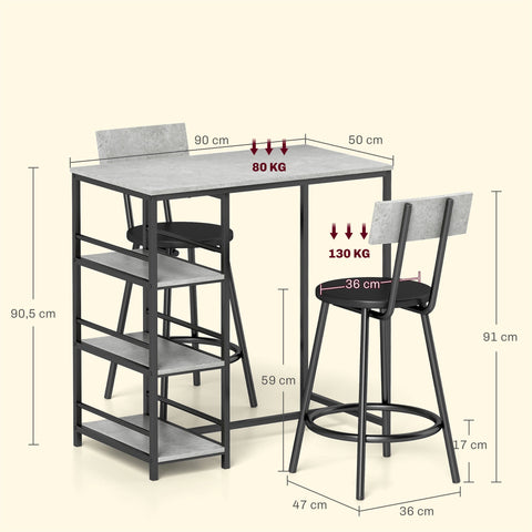 Rootz Baric Set with 2 Stools - Dining Set - Kitchen Furniture - Space-Saving Shelves - 90L x 50B x 90.5H cm