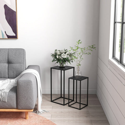 Rootz Set of 2 Industrial Style Flower Stands - Plant Stands - Black Steel - Two-tiered - Elegant Home Decor - 25cm x 25cm x 58.5cm, 31cm x 31cm x 65cm