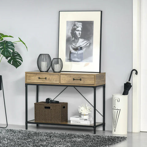 Rootz Console Table - Entrance Table - Side Table - 2 Drawers - Lower Shelf - Vintage - Metal - Chipboard - Brown + Black - 100 x 35 x 76.5 cm