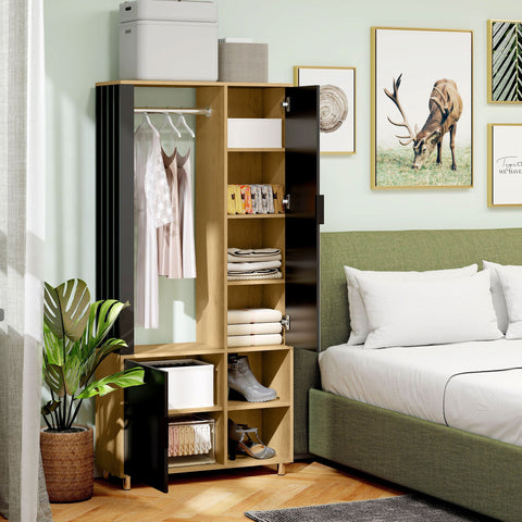 Rootz Wardrobe with Mirror - Closet - Storage Unit - Full-Body Mirror - 80B x 30T x 175H cm, Black & Brown