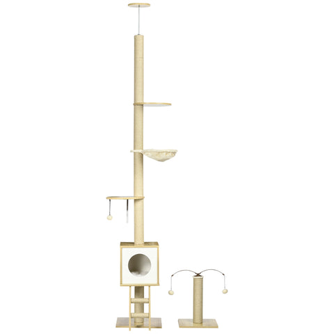 Rootz Adjustable Cat Scratching Post - Cat Tree Tower - Cat Activity Center - Floor to Ceiling - 40cm x 40cm x 225-285cm