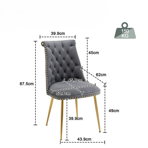 Rootz Set of Two Velvet Dining Chairs - Padded Backrest - Ergonomic Seating - Gold Metal Legs - 43.9cm x 62cm x 87.5cm