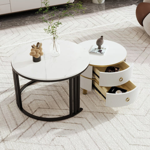 Rootz 2-in-1 Coffee Table Set - Marble Pattern - High Gloss Tables - Space Saving - 70x70x46cm & 50x50x40cm