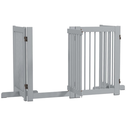 Rootz Free-Standing Dog Gate with Door - Wooden Pet Safety Fence - 4 Panel Foldable Design - High Stability - Gray - 204cm x 36cm x 75cm
