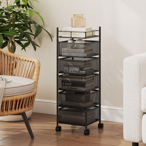Rootz Kitchen Trolley - Mobile Storage Cart - 5 Rotating Baskets - Metal Organizer - Space-Saving, Improved Airflow - 27.5x27.5x92.5cm, Black