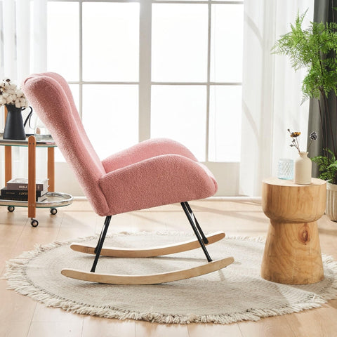 Rootz Pink Teddy Velvet Rocking Chair - Recliner - Lounge Chair - Ergonomic Comfort - 67.5L x 93W x 93H cm