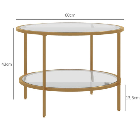 Rootz Side Table - Modern Bedside Table - Nightstand - Tempered Glass - Powder-Coated Steel - 60cm x 43cm - 2-Tier Shelf - Gold