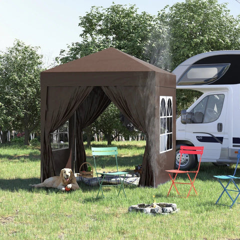 Rootz Folding Pavilion - Beer Tent - 4 Removable Side Walls - 2 Windows - Metal Frame - Brown - 2 x 2m