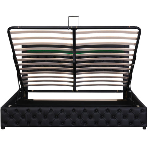Rootz Upholstered Bed Frame - Storage Bed - LED Bed - Ample Storage Space - 207cm x 142cm x 100cm - Black