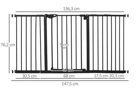 Rootz Door Protection Gate For Dogs - Barrier Gate - Protective Gate For Pets - Dog Gate Including 3 Different Extensions - Stair Gate Without Drilling - Metal - Plastic - Black - 136.3W x 76.2H cm