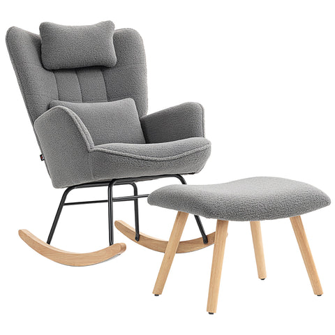 Rootz Rocking Chair with Footstools - Recliner - Nursing Chair - Soft Fleece - Durable Steel & Wood - Grey - 70.5 x 101.5 x 99.5 cm